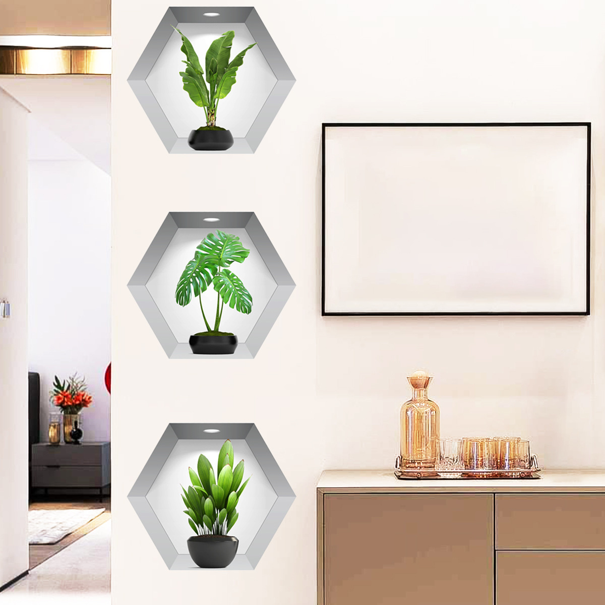 30*35cm*3pcs Hexagon Wall Stickers 3D Potted Green Plant Wall Murals PVC Wall Art Wallpaper for Home Decor