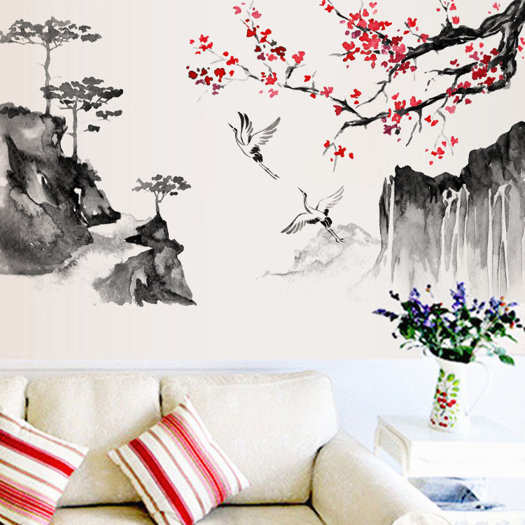 Self-adhesive Removable Chinese Wash Painting Wall Decal PVC Vinyl Waterproof Home Decoration Wall Art Sticker for Living Room