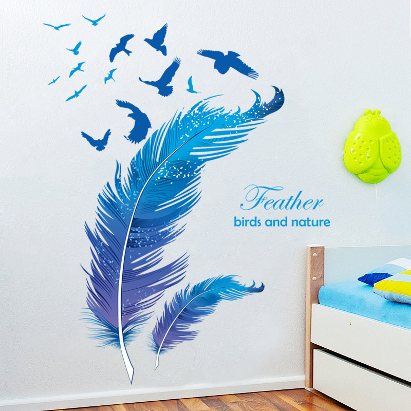 Custom Self Adhesive Vinyl Wall Stickers Blue Feather Decal Removable Waterproof Home Decoration Sticker