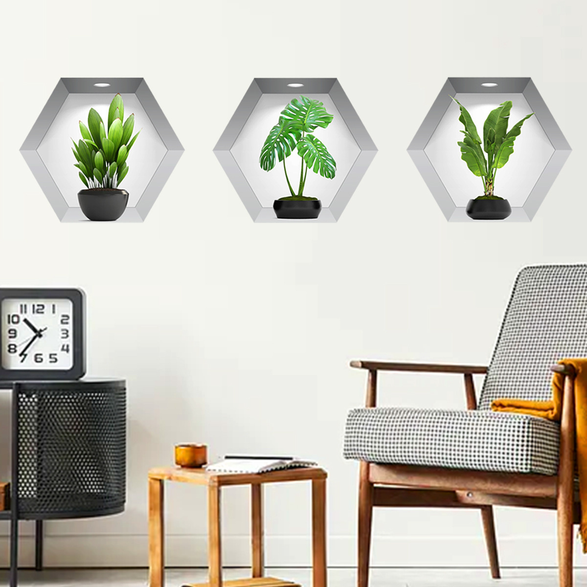 30*35cm*3pcs Hexagon Wall Stickers 3D Potted Green Plant Wall Murals PVC Wall Art Wallpaper for Home Decor