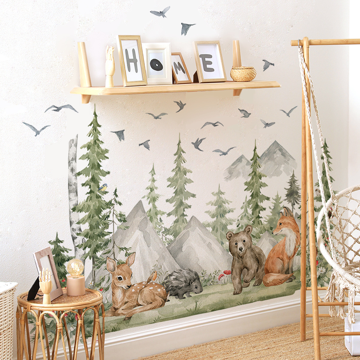 30*90cm*4pcs Custom Cartoon Animals Forest Wall Decals Children's Room Self-Adhesive Wallpaper Stickers with Fox Bear Deer