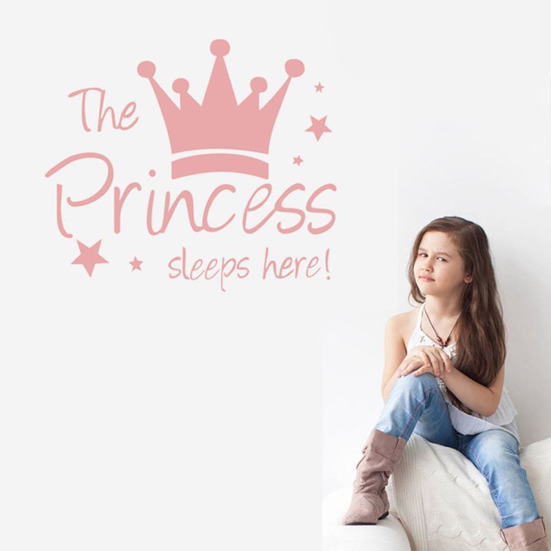 32*28cm The Princess Sleeps Here Wall Decorate Stickers Pink Crown Wall Arts Decals for Girls Bedroom