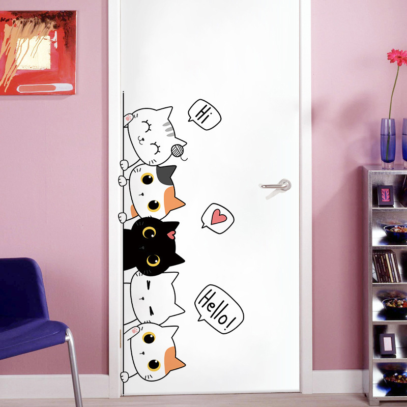 Cartoon Cat Pet Wall Stickers Cute Cats Decor Posters Self Adhesive Animal Door Murals  for Nursery Bedroom