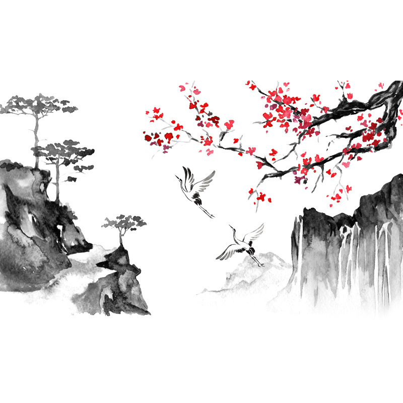 Self-adhesive Removable Chinese Wash Painting Wall Decal PVC Vinyl Waterproof Home Decoration Wall Art Sticker for Living Room