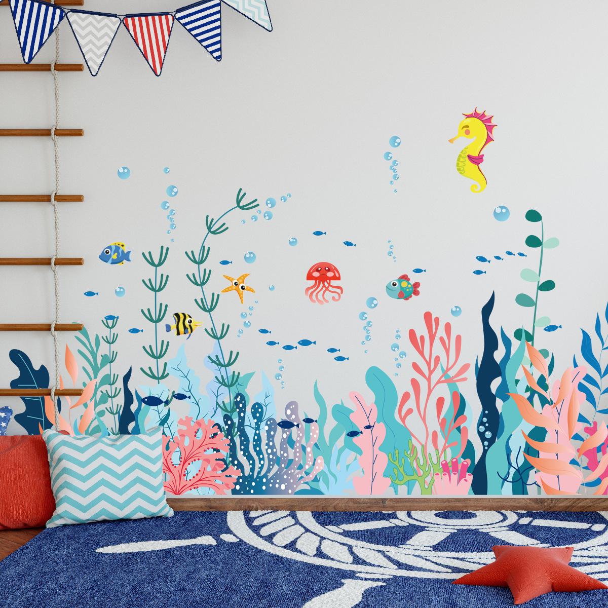 Custom Underwater World Wall Sticker Coral Cartoon Sea Fish Home Decals Living Room Decorative Wallpaper