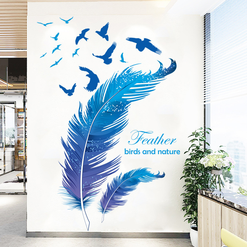 Custom Self Adhesive Vinyl Wall Stickers Blue Feather Decal Removable Waterproof Home Decoration Sticker