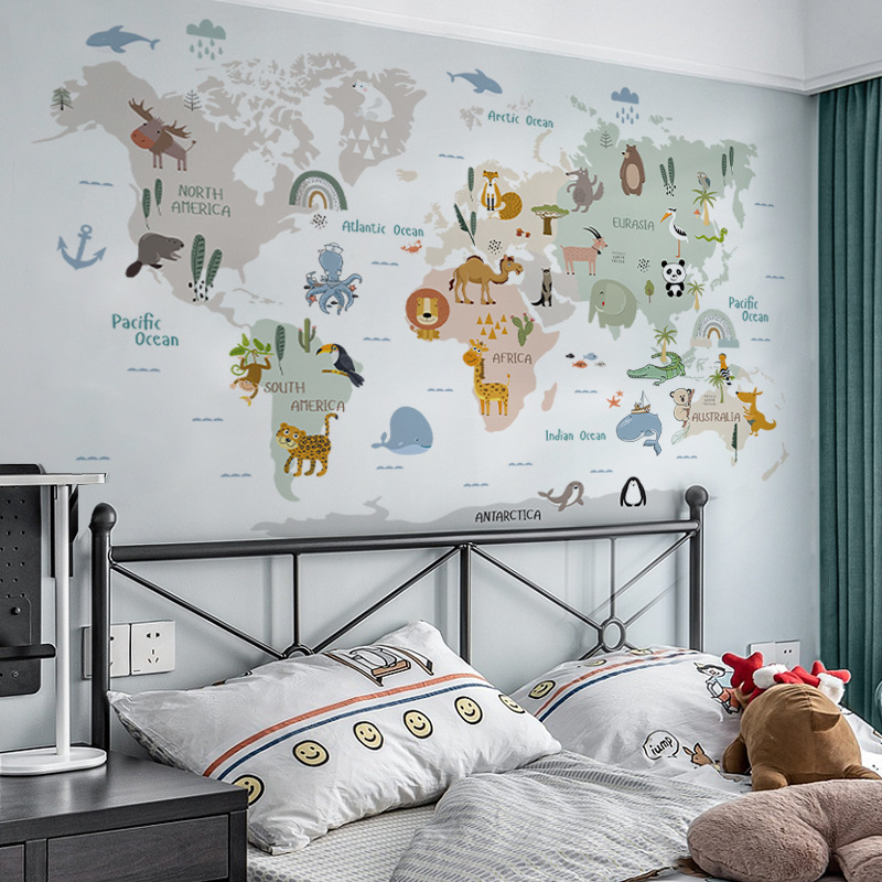 Cartoon Animal World Map Wall Sticker, Home Decoration Wall Decal, Cute Children's Room Decoration Supplies