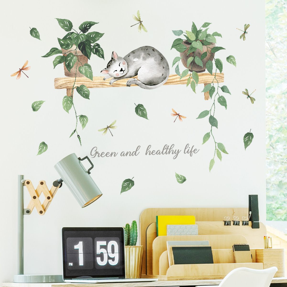 Peel and Stick Backsplash Wall Sticker Plants Cat Wallpaper Sticker 3D Wall Paper for Home Decor