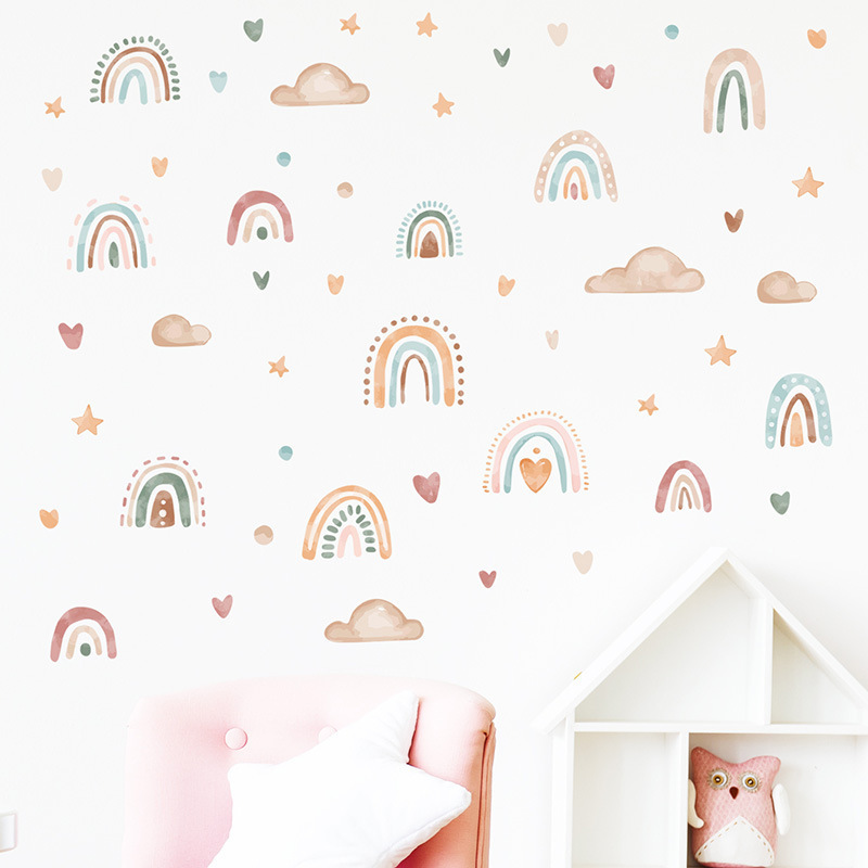 30*22.5cm*3pcs Kids Bedroom Decoration Boho Rainbow Cloud Star Wall Stickers Removable PVC Wall Decal for  Home Decoration