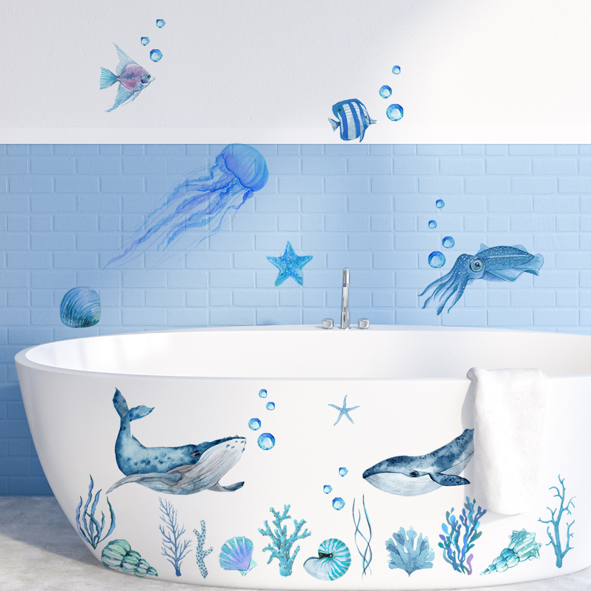 30*50cm Cartoon Underwater World Bubble Fish Sea Grass Wallpaper Bathtub Stickers Bathroom Background Decoration Wall Decals