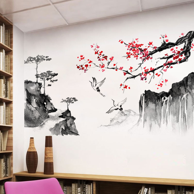 Self-adhesive Removable Chinese Wash Painting Wall Decal PVC Vinyl Waterproof Home Decoration Wall Art Sticker for Living Room