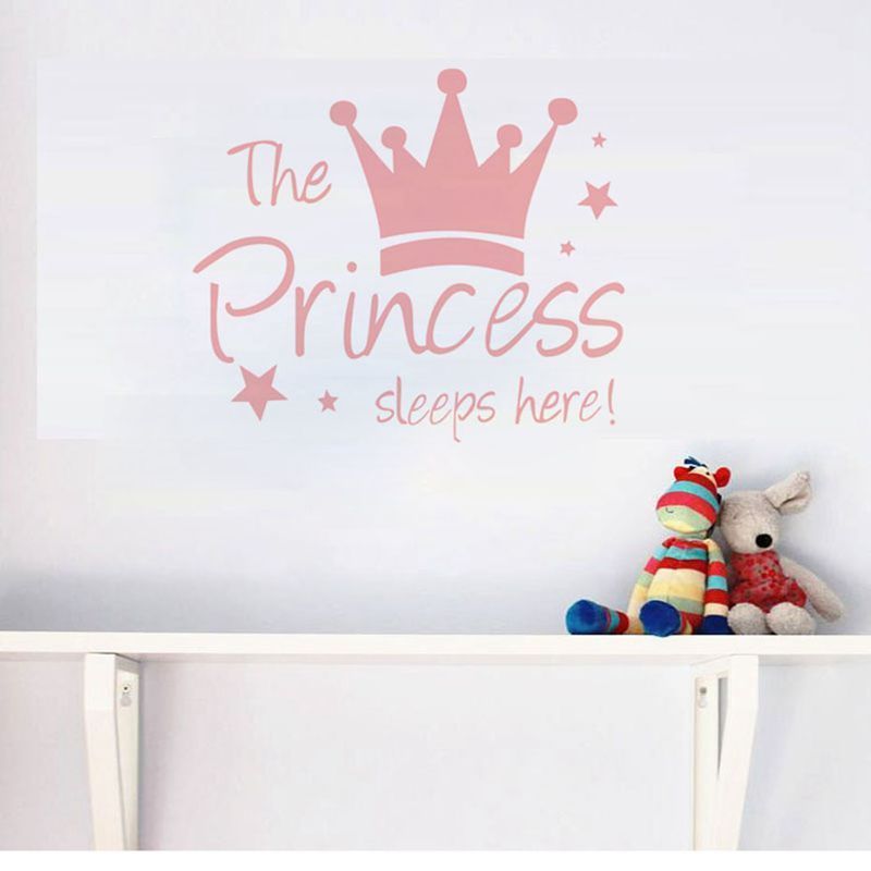 32*28cm The Princess Sleeps Here Wall Decorate Stickers Pink Crown Wall Arts Decals for Girls Bedroom