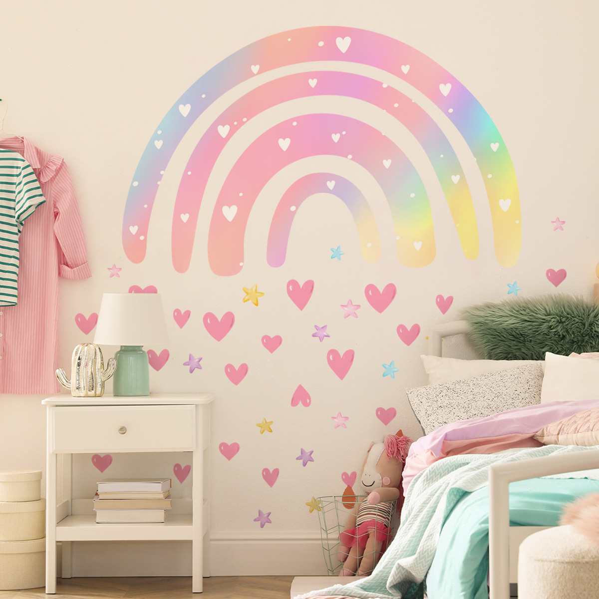 30*90cm*2pcs Rainbow and Heart Wall Sticker Set Decorative Sticker Children Room Sticker Nursery Wall Decor Playroom Decorations