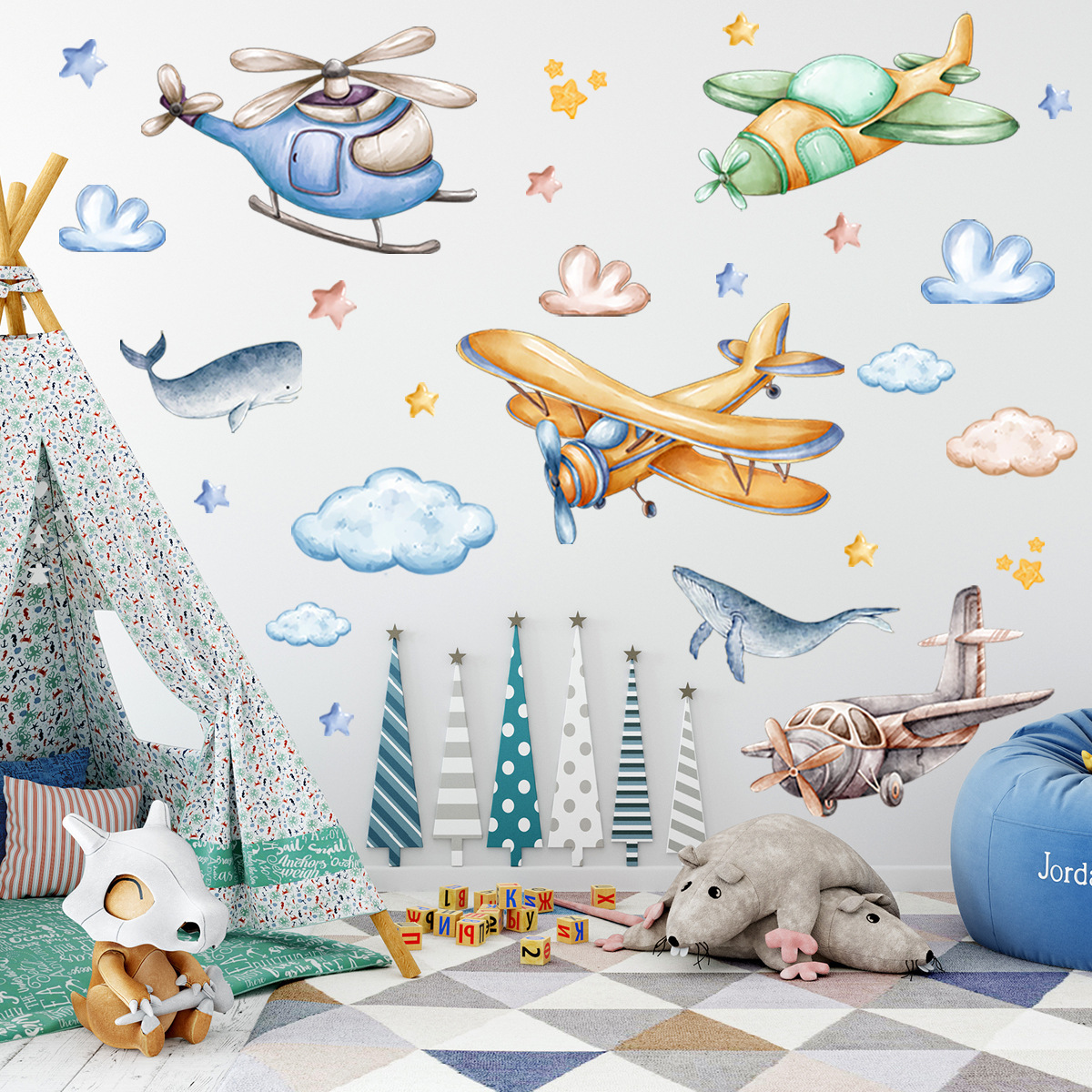 Cartoon Airplane Removable Wall Stickers Whale Decals Cloud Wall Decors for Boys Bedroom Decoration