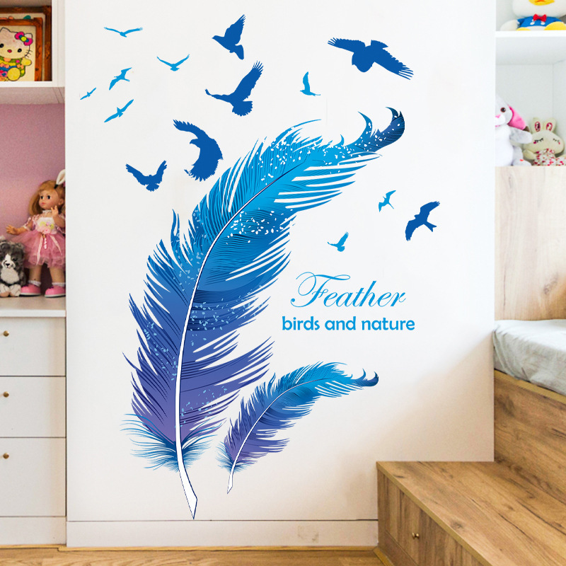 Custom Self Adhesive Vinyl Wall Stickers Blue Feather Decal Removable Waterproof Home Decoration Sticker