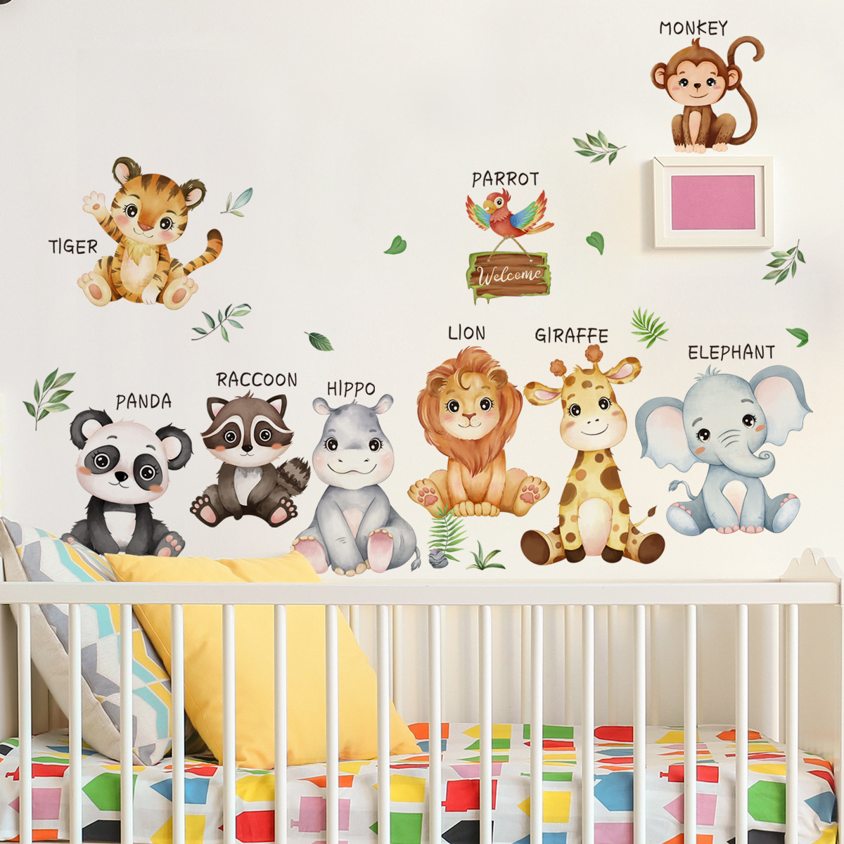 30*60cm*2pcs Jungle Animals Wall Decals Cartoon Animals Wall Stickers Self Adhesive Waterproof Home Wall Decals