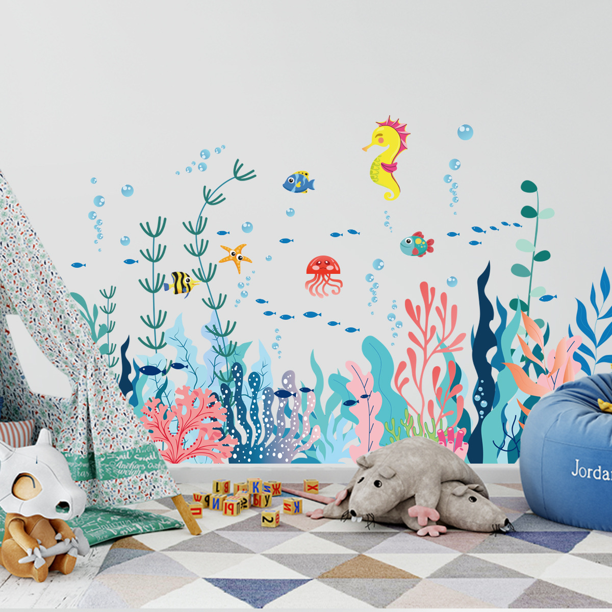 Custom Underwater World Wall Sticker Coral Cartoon Sea Fish Home Decals Living Room Decorative Wallpaper