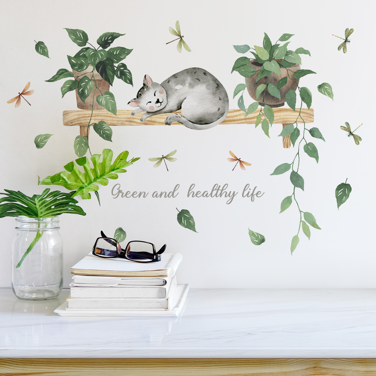 Peel and Stick Backsplash Wall Sticker Plants Cat Wallpaper Sticker 3D Wall Paper for Home Decor