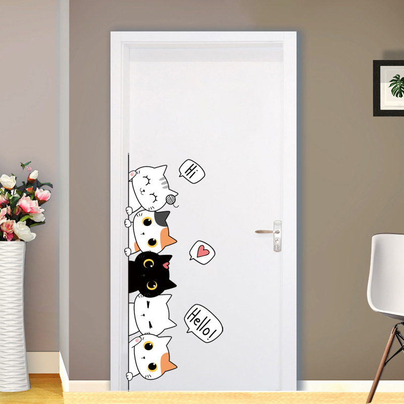 Cartoon Cat Pet Wall Stickers Cute Cats Decor Posters Self Adhesive Animal Door Murals  for Nursery Bedroom