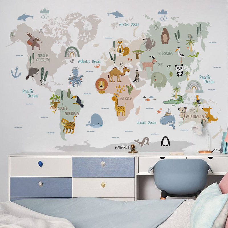 Cartoon Animal World Map Wall Sticker, Home Decoration Wall Decal, Cute Children's Room Decoration Supplies