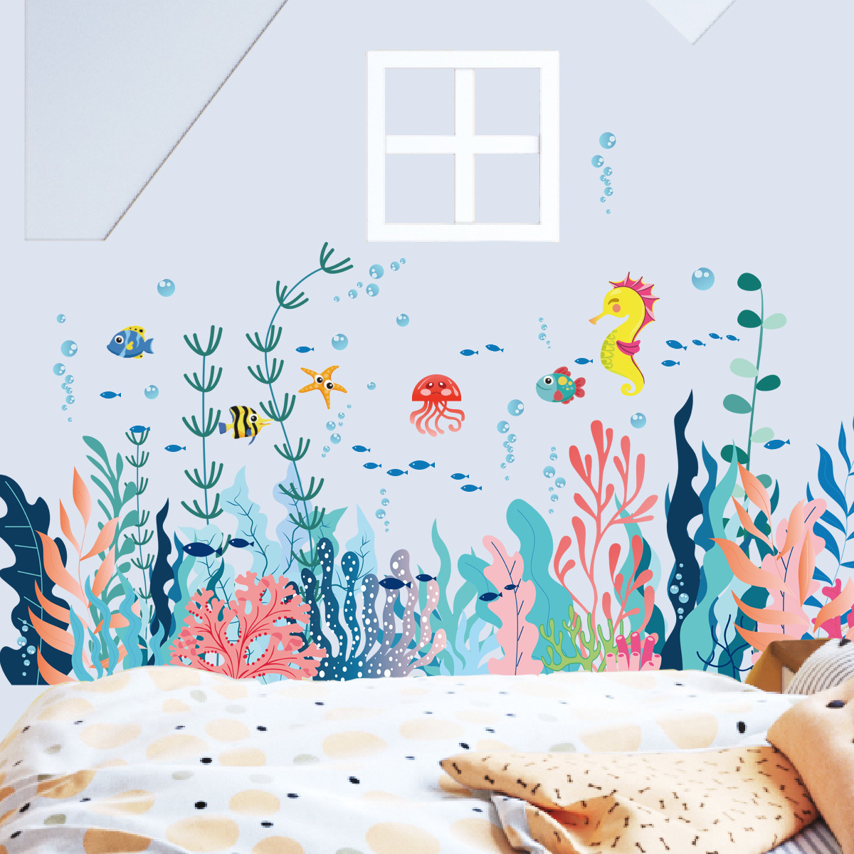 Custom Underwater World Wall Sticker Coral Cartoon Sea Fish Home Decals Living Room Decorative Wallpaper