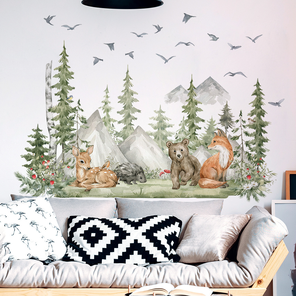 30*90cm*4pcs Custom Cartoon Animals Forest Wall Decals Children's Room Self-Adhesive Wallpaper Stickers with Fox Bear Deer