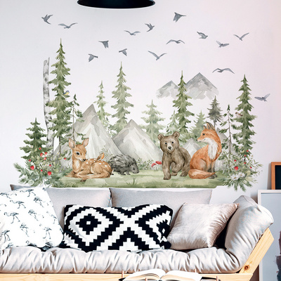 30*90cm*4pcs Custom Cartoon Animals Forest Wall Decals Children's Room Self-Adhesive Wallpaper Stickers with Fox Bear Deer