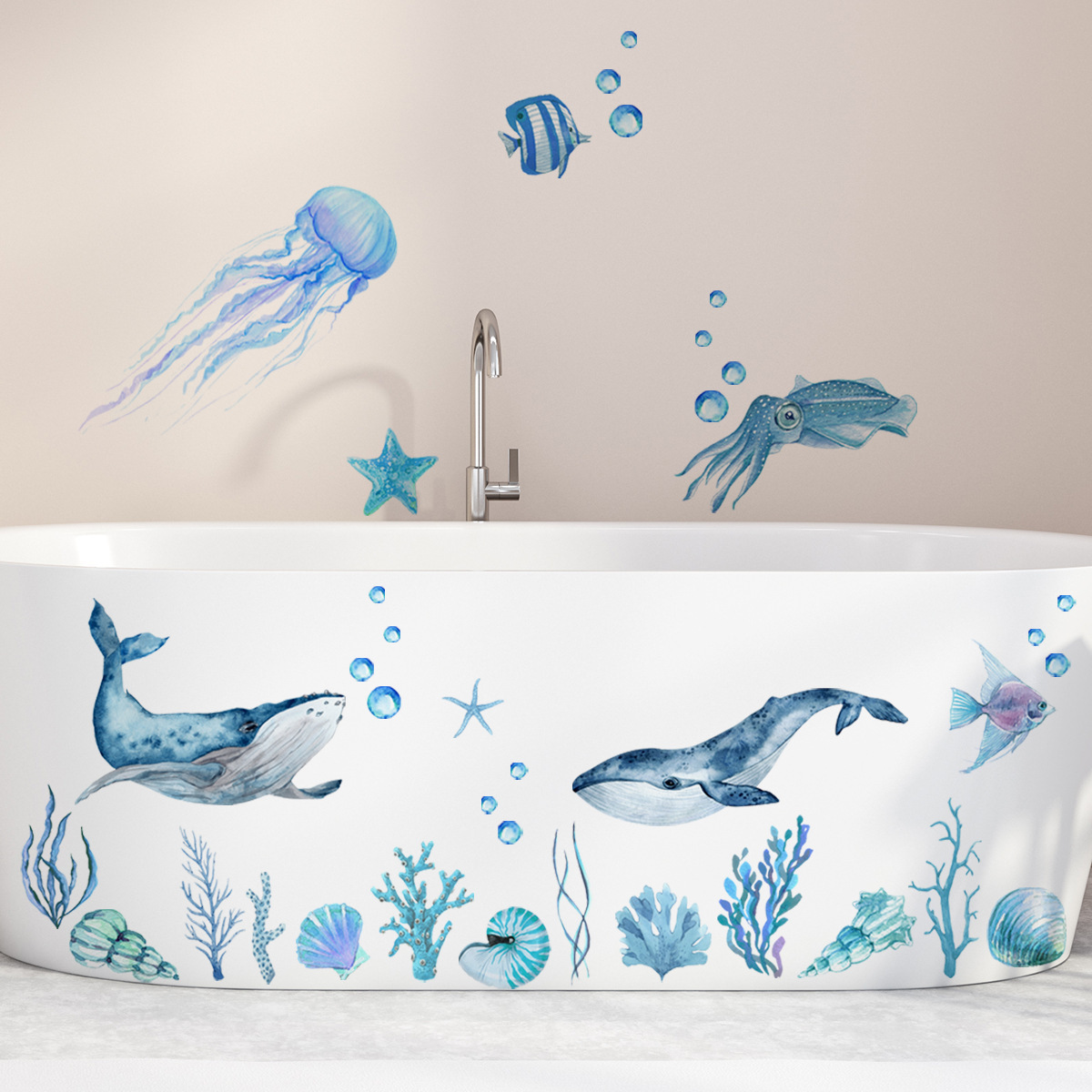 30*50cm Cartoon Underwater World Bubble Fish Sea Grass Wallpaper Bathtub Stickers Bathroom Background Decoration Wall Decals