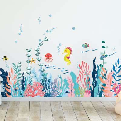 Custom Underwater World Wall Sticker Coral Cartoon Sea Fish Home Decals Living Room Decorative Wallpaper