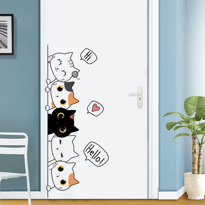 Cartoon Cat Pet Wall Stickers Cute Cats Decor Posters Self Adhesive Animal Door Murals  for Nursery Bedroom