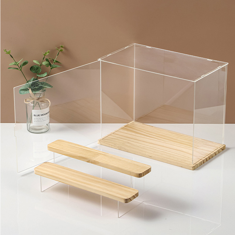 Toy figure display cases Stackable Transparent Custom Acrylic Toy Figure Wooden Base with Models Storage Stands Box