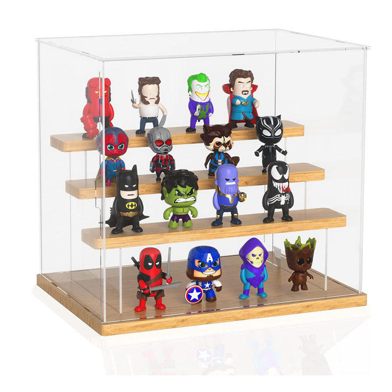 Toy figure display cases Stackable Transparent Custom Acrylic Toy Figure Wooden Base with Models Storage Stands Box