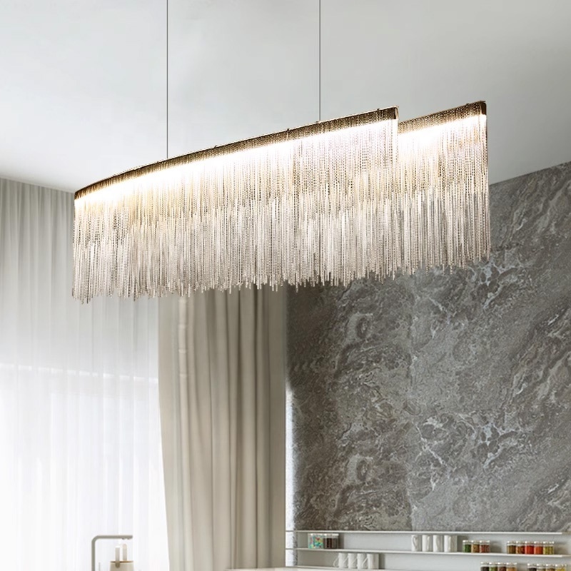 Post-Modern Rectangle Aluminum Tassel Linear Chandelier Rectangular Pendant Light Fixture for Dining Room Kitchen