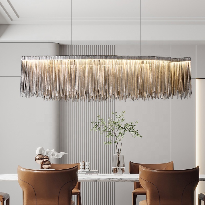 Post-Modern Rectangle Aluminum Tassel Linear Chandelier Rectangular Pendant Light Fixture for Dining Room Kitchen