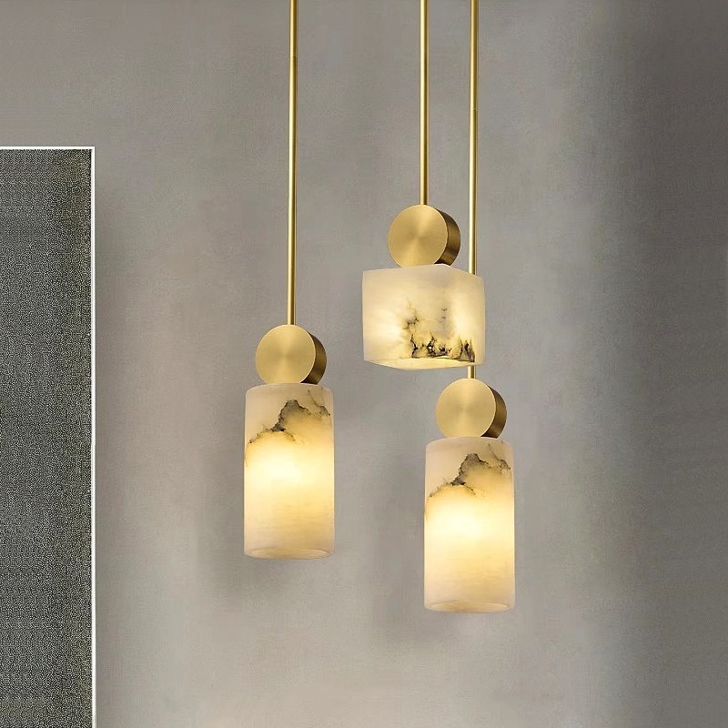 Indoor Luxury Minimalist Marble Pattern LED Creative Chandelier Hanging Light Copper Pendant Light