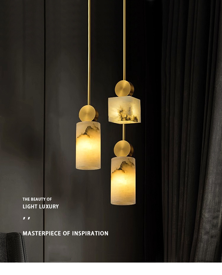 Indoor Luxury Minimalist Marble Pattern LED Creative Chandelier Hanging Light Copper Pendant Light