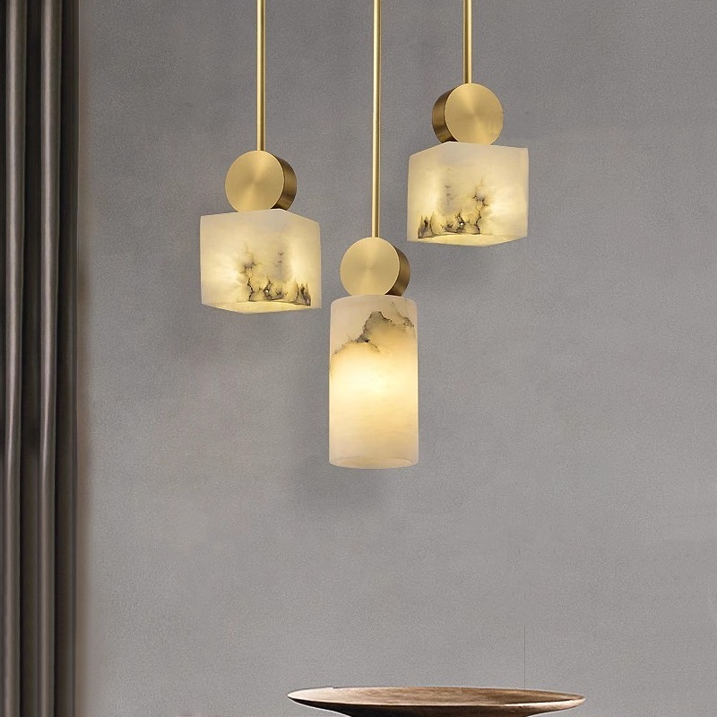 Indoor Luxury Minimalist Marble Pattern LED Creative Chandelier Hanging Light Copper Pendant Light