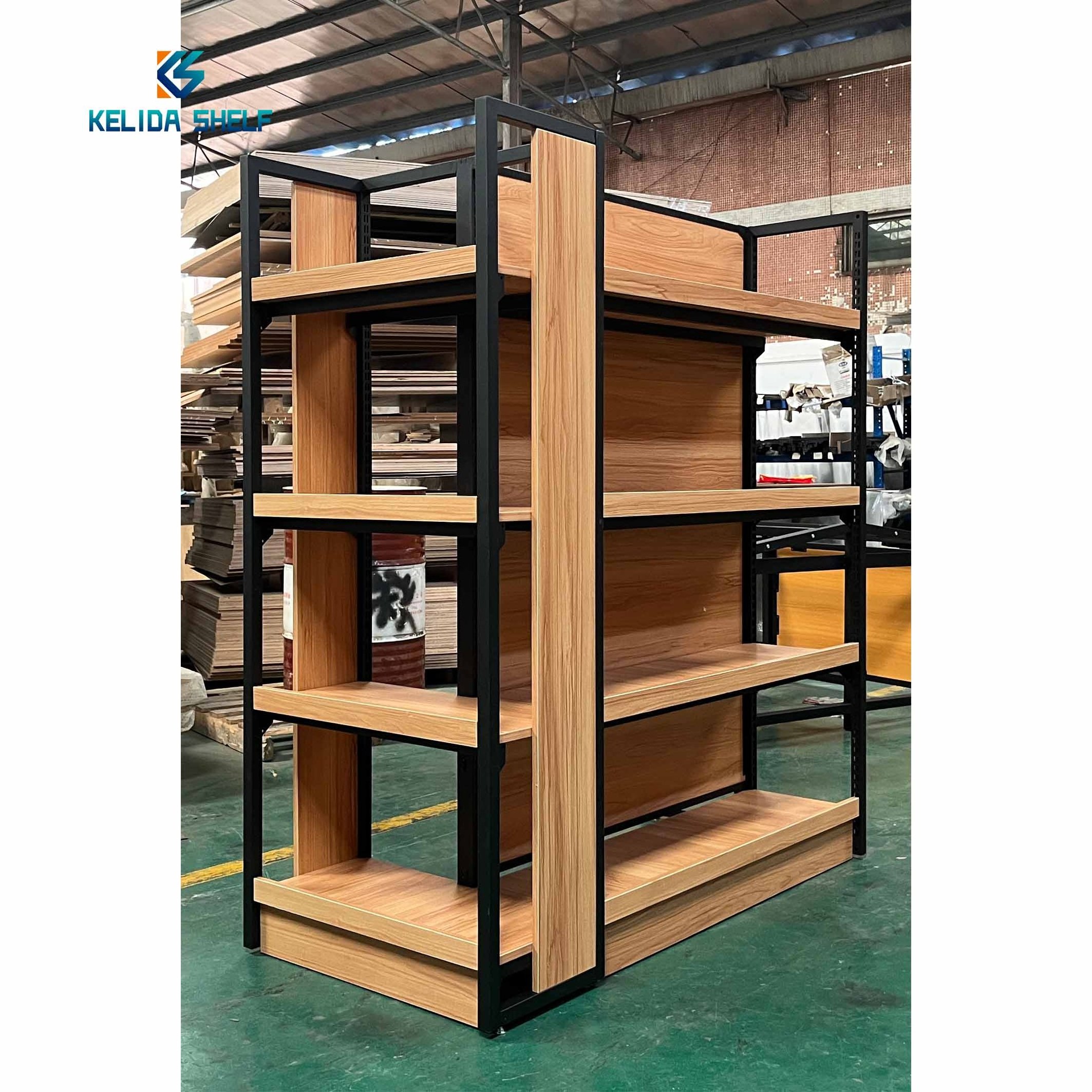 Wooden Retail Convenience Store Products Shop Grocery Stands Stationery Shelf Display Shelving Wood Double-sided Heavy Duty