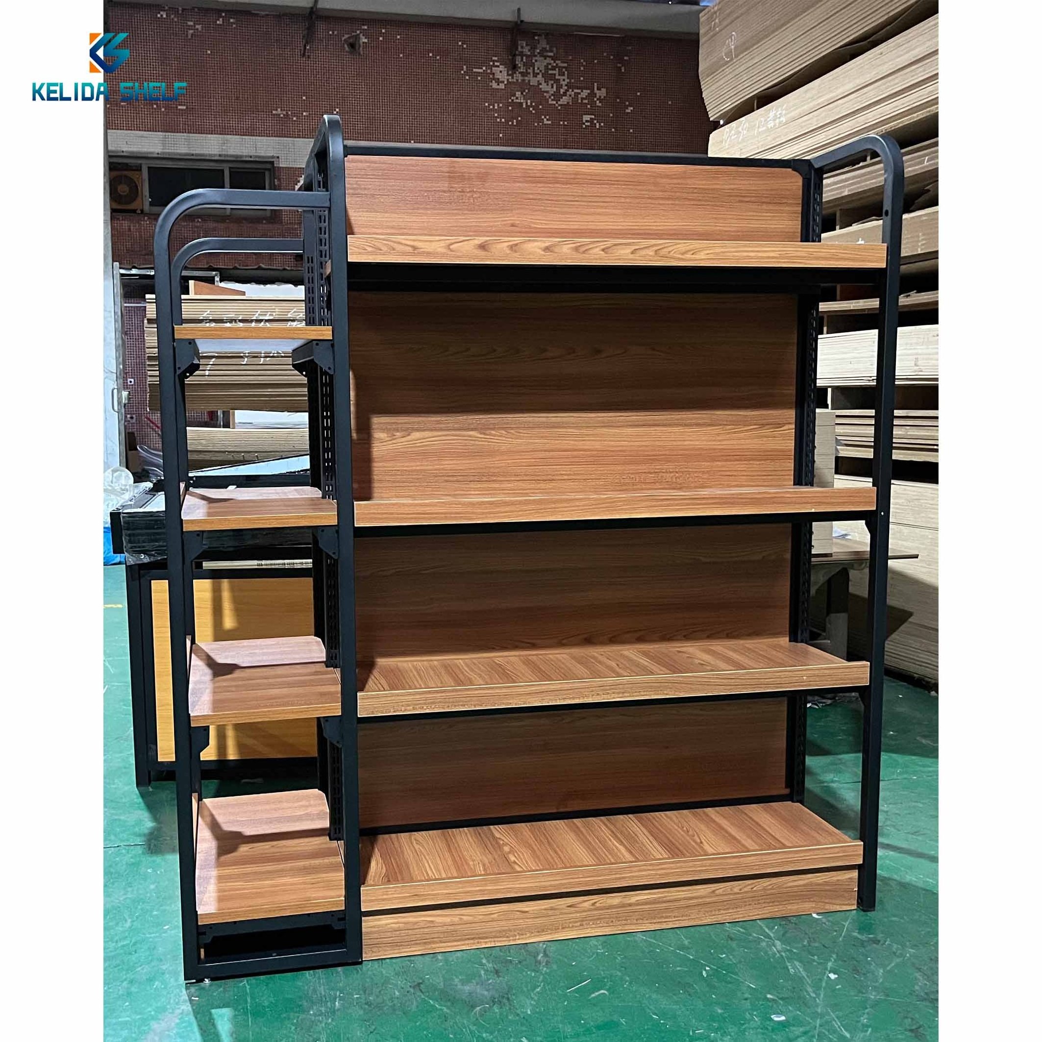 Steel Wood Shelf Gondola Shelving Double-Sided Supermarket Shelves Steel Wooden Combined Retail Shelf Display Rack