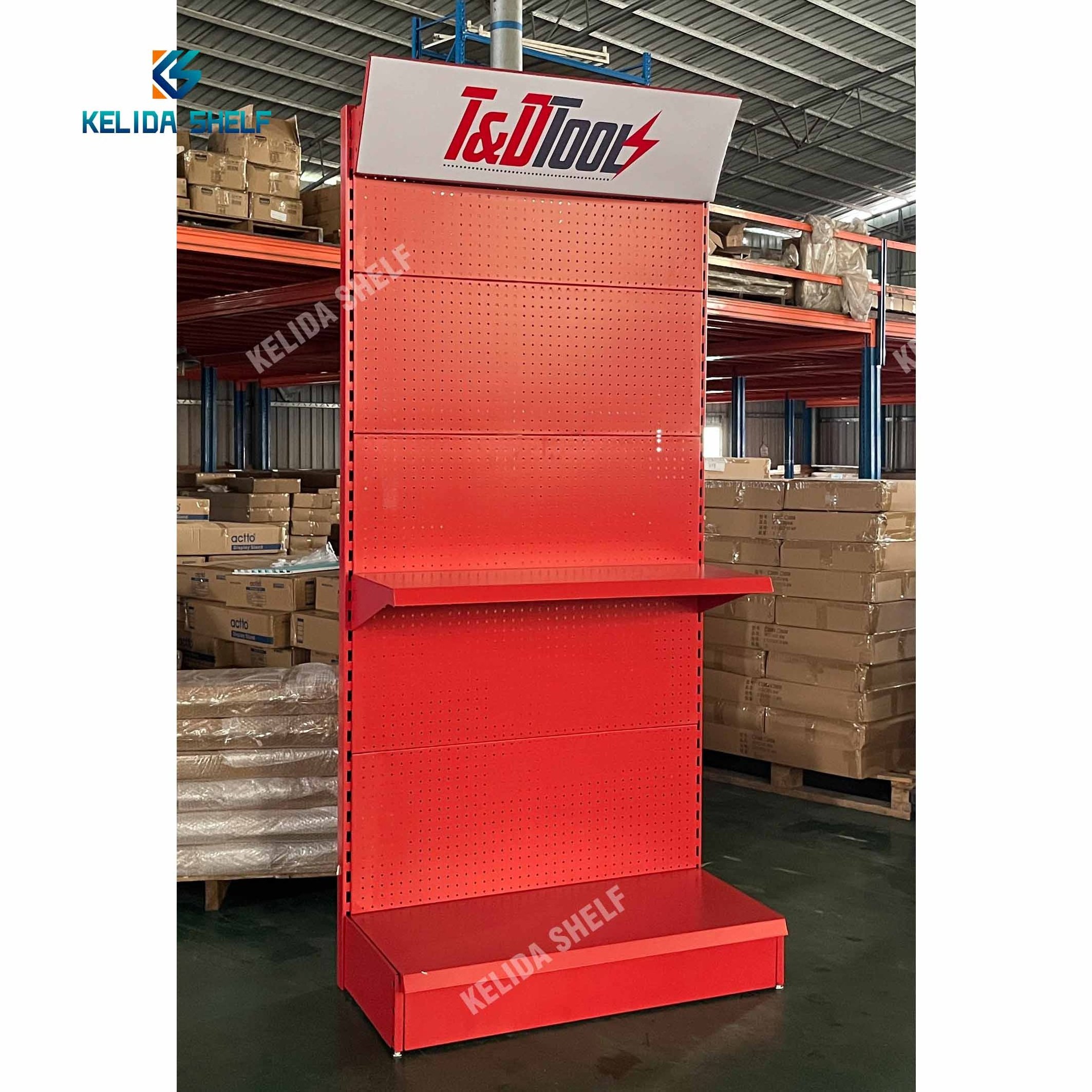 Customized Metal Tools Display Rack with Hook and Light Box for Hardware Store Pegboard Display Stand