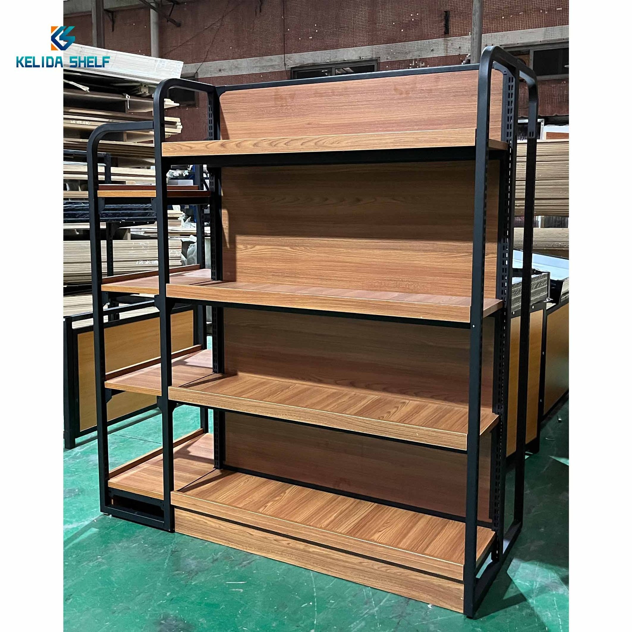 Steel Wood Shelf Gondola Shelving Double-Sided Supermarket Shelves Steel Wooden Combined Retail Shelf Display Rack