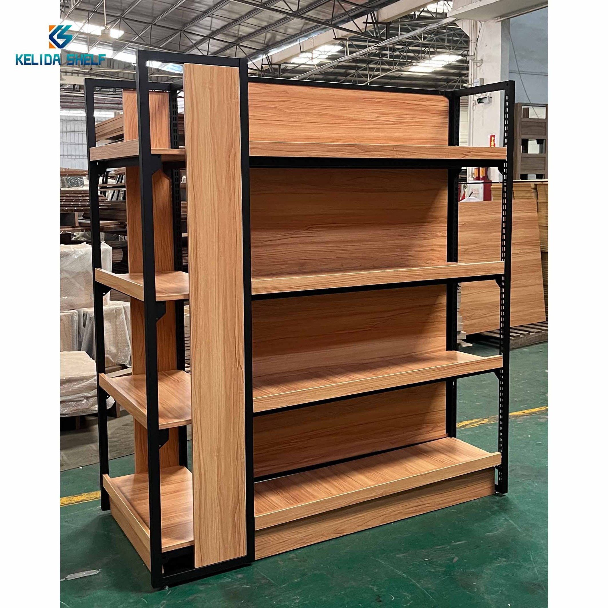 Steel Wood Shelf Gondola Shelving Double-Sided Supermarket Shelves Steel Wooden Combined Retail Shelf Display Rack