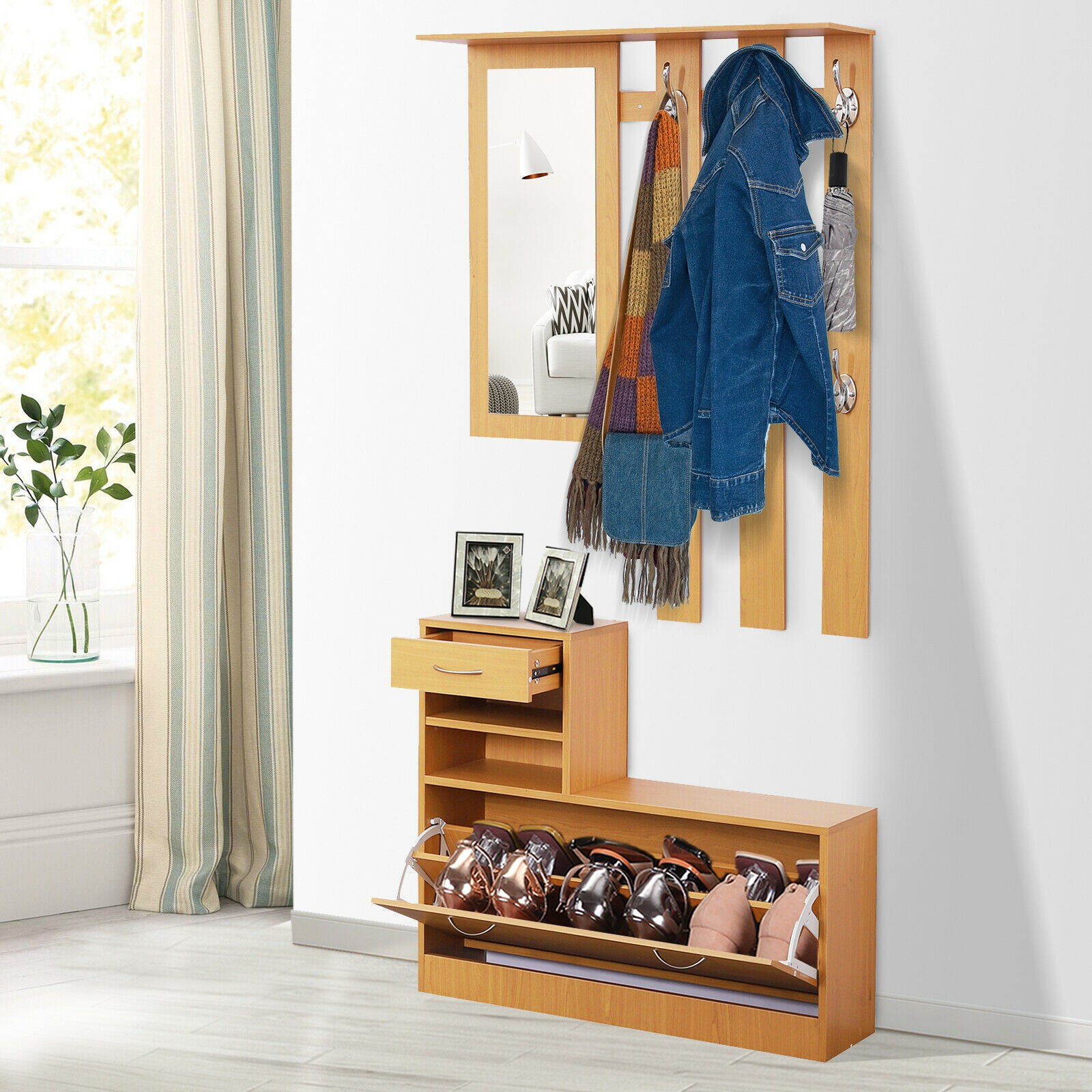 Hallway Furniture Set Shoes Cabinet Storage 6 Hooks Coat Rack Mirror