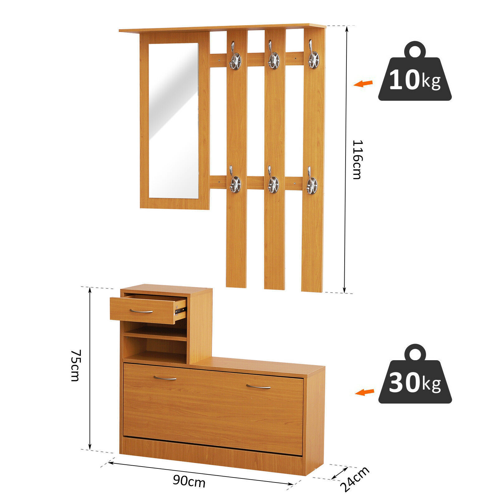 Hallway Furniture Set Shoes Cabinet Storage 6 Hooks Coat Rack Mirror