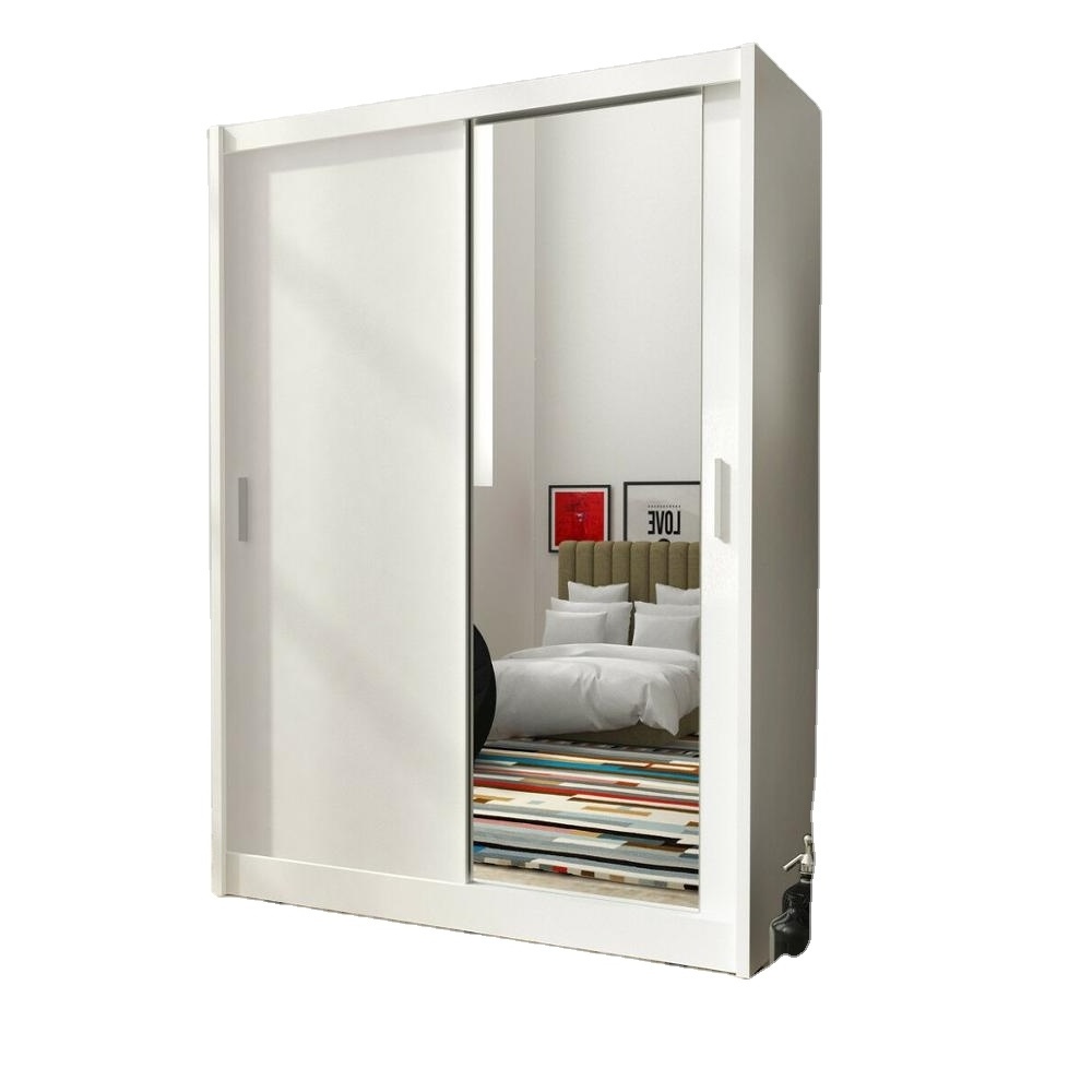 2 DOORS SLIDING DOOR MIRRORED WARDROBE WHITE GREY & WOOD WITH HANGING RAIL 130/150cm