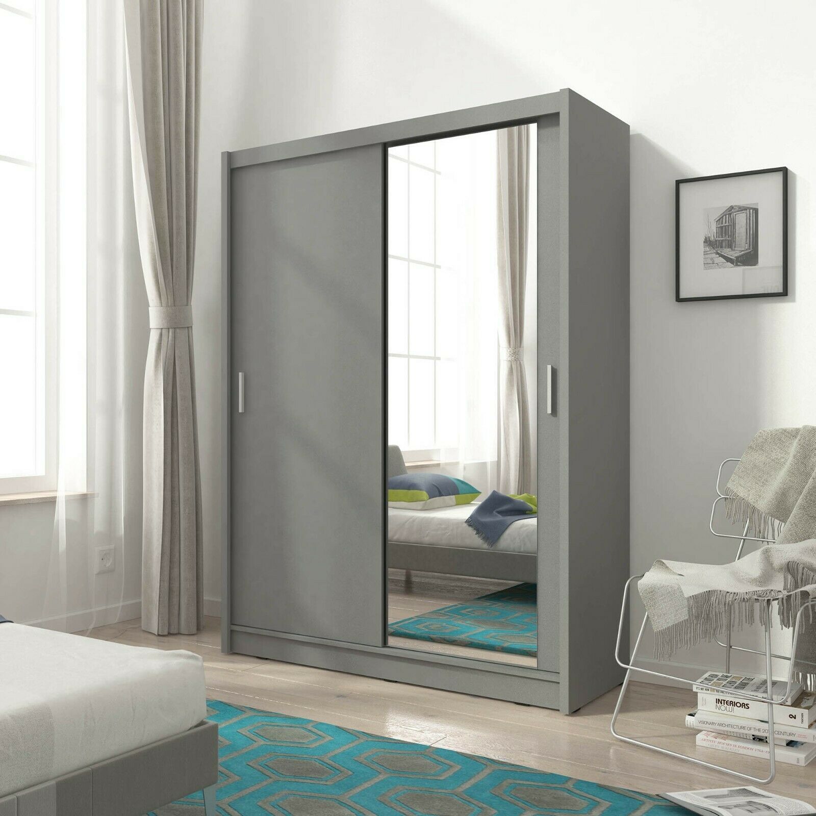 2 DOORS SLIDING DOOR MIRRORED WARDROBE WHITE GREY & WOOD WITH HANGING RAIL 130/150cm