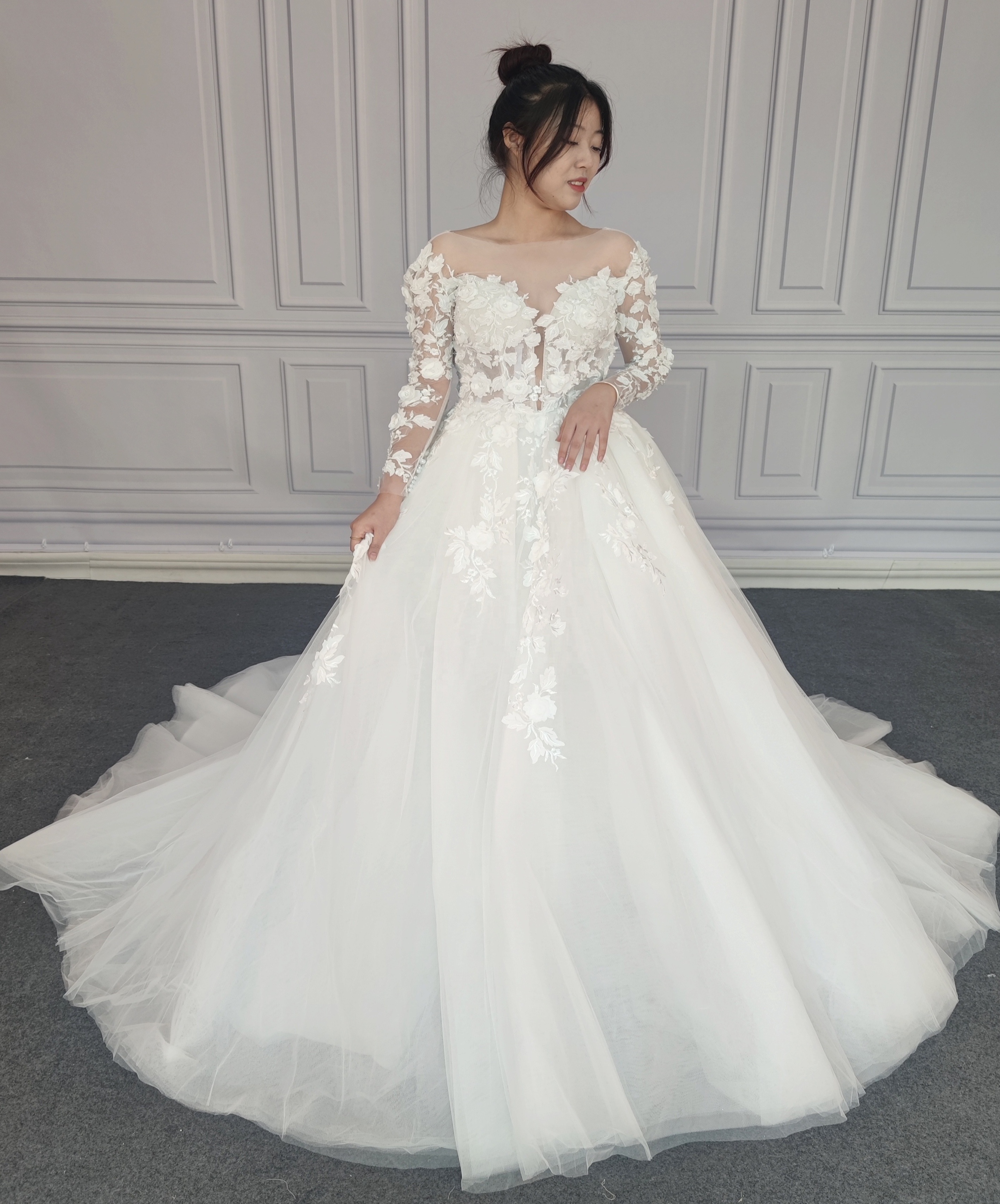 3d Flowers Lace Long Sleeve Puffy Wedding Gown Dress for Bride 2023 Ball Gown 100% Polyester Plus Size Women's Clothing Ivory