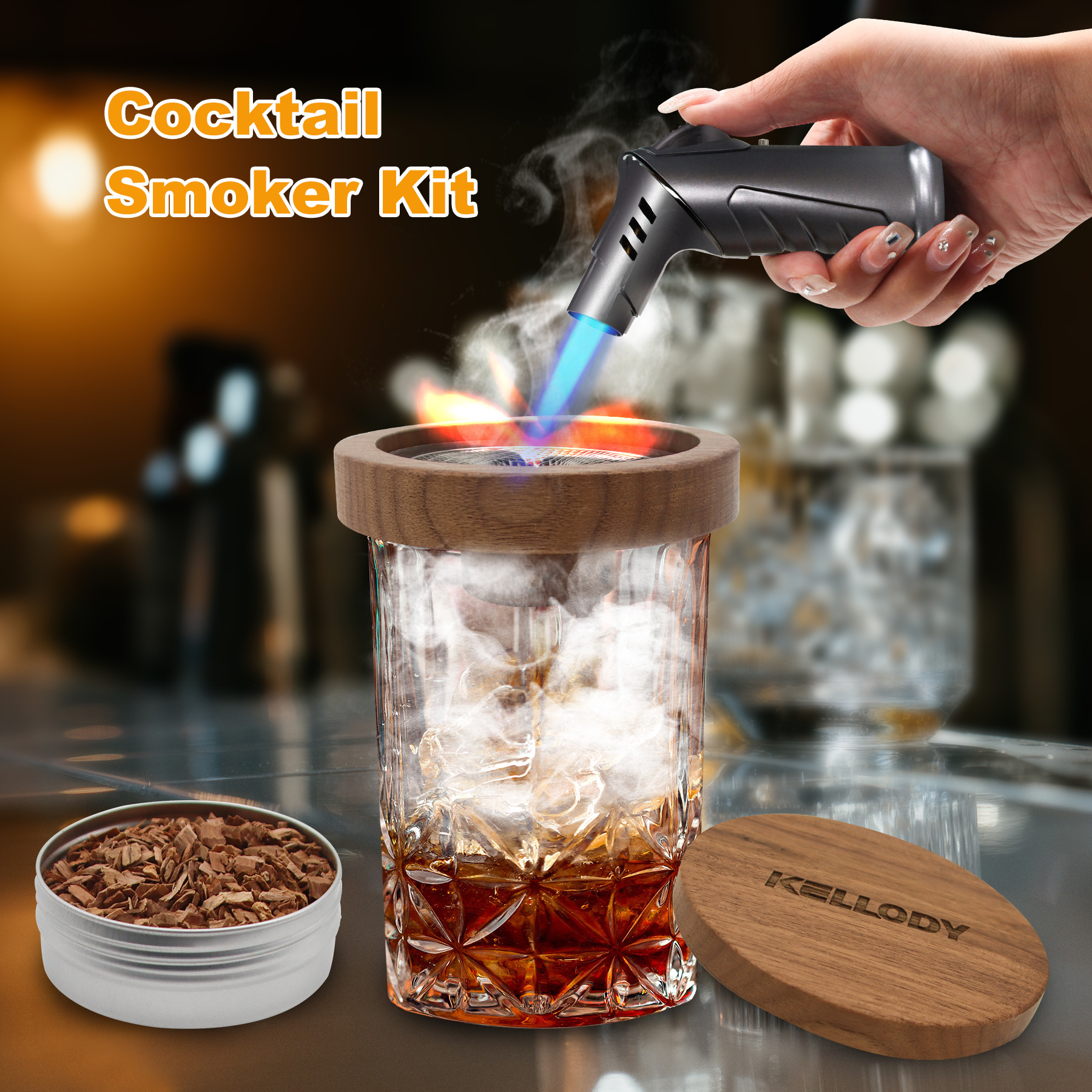 Wood Cocktail Smoker With Torch And 4 Different Wood Chips And Ice Wine Stone Smoker Infuser Cocktail Smoking Kit