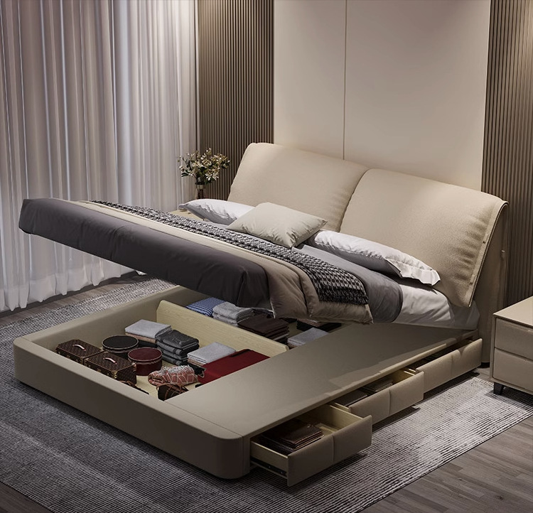 Italian Luxe Leather Bed: Modern Minimalist Furniture, Nordic Elephant Ear Bed with Storage for Master Bedroom