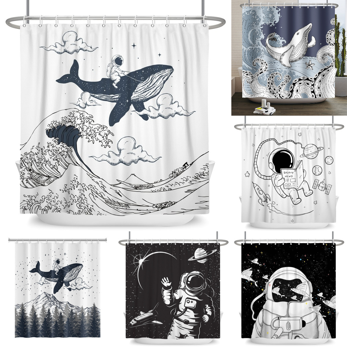 Funny Cartoon Astronaut For Bathroom Fun Anime Animals Kids Fabric Bath Shower Curtains With Hooks